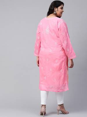 Ada Women's Hand Embroidered Pink Cotton Lucknowi Chikankari Women Kurta - A133537 6