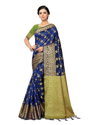 Leeza Store Women's Navy Blue Silk Blend Jacquard Golden Zari Border Tassels Banarasi StyleStyle Saree 1