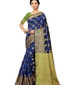 Leeza Store Women's Navy Blue Silk Blend Jacquard Golden Zari Border Tassels Banarasi StyleStyle Saree