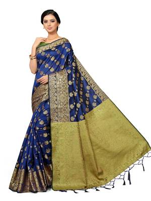 Leeza Store Women's Navy Blue Silk Blend Jacquard Golden Zari Border Tassels Banarasi StyleStyle Saree 2