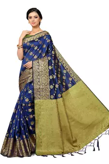 Leeza Store Women's Navy Blue Silk Blend Jacquard Golden Zari Border Tassels Banarasi StyleStyle Saree