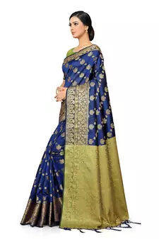 Leeza Store Women's Navy Blue Silk Blend Jacquard Golden Zari Border Tassels Banarasi StyleStyle Saree