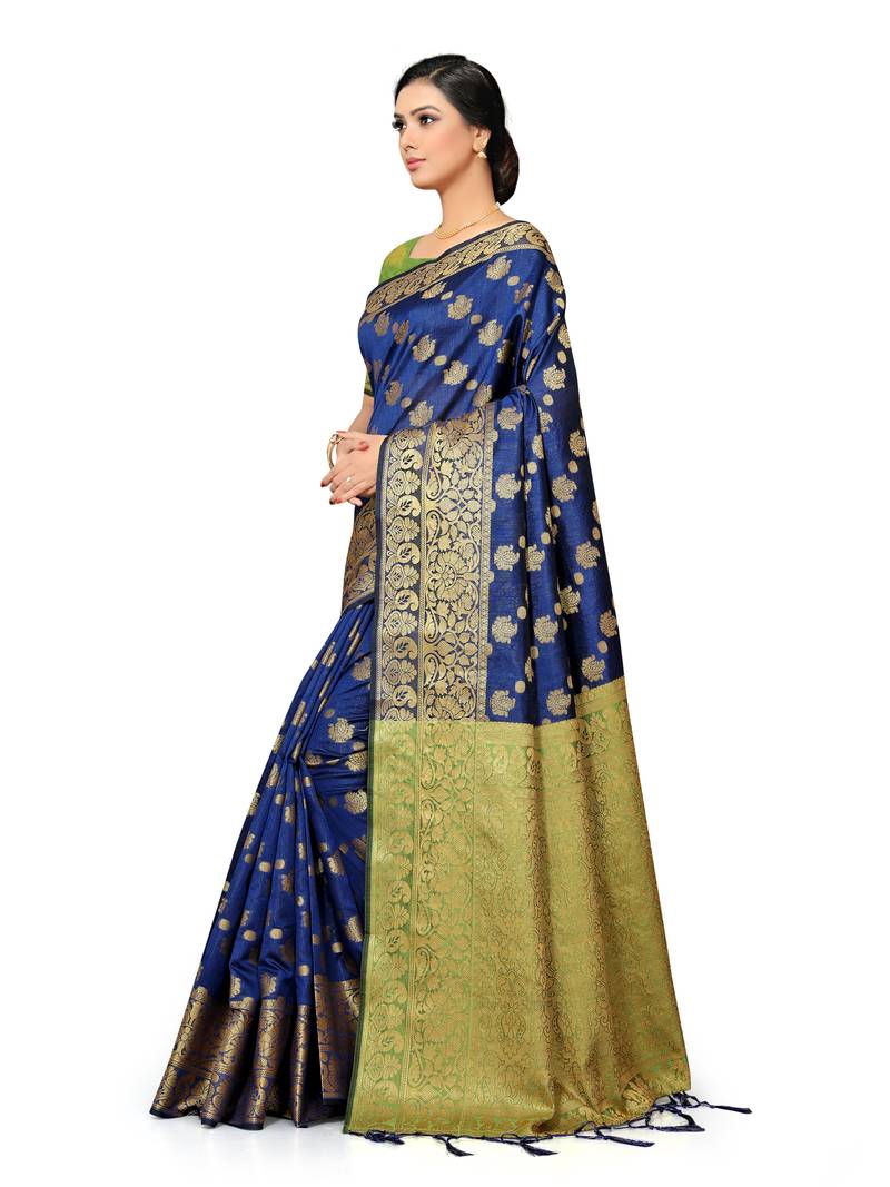 Leeza Store Women's Navy Blue Silk Blend Jacquard Golden Zari Border Tassels Banarasi StyleStyle Saree