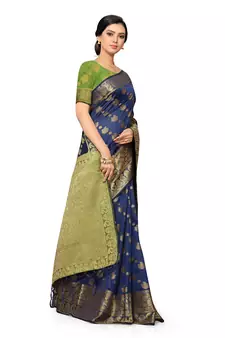 Leeza Store Women's Navy Blue Silk Blend Jacquard Golden Zari Border Tassels Banarasi StyleStyle Saree