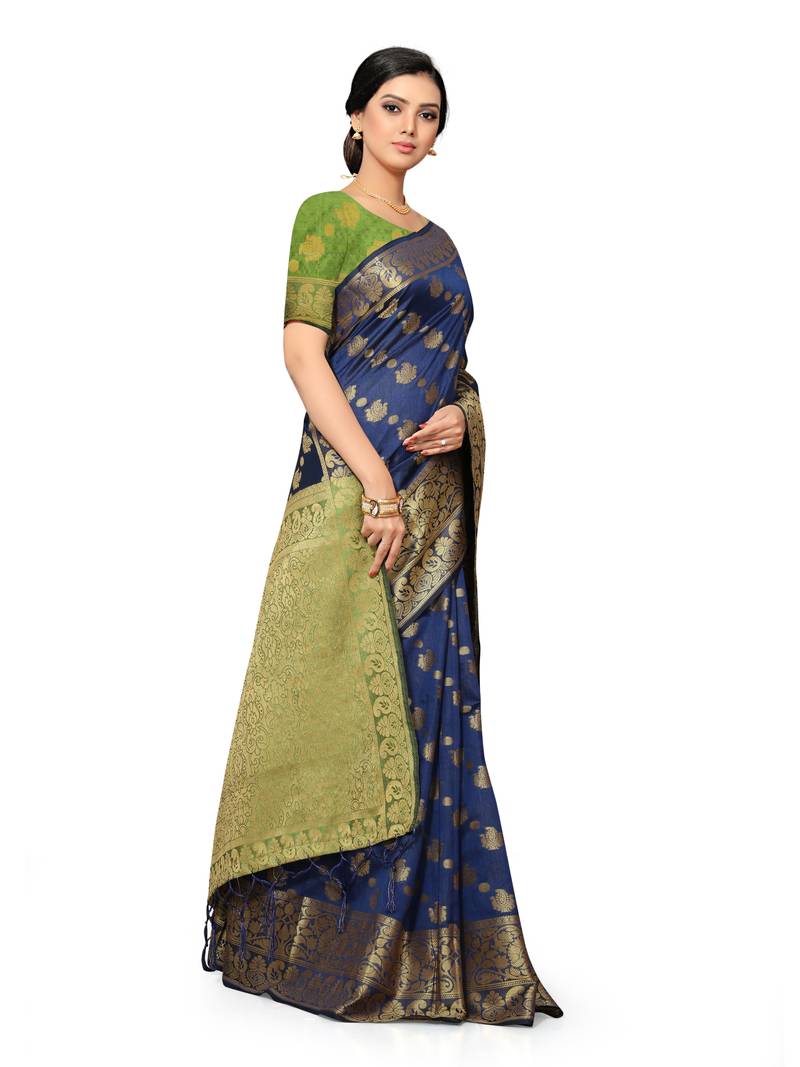 Leeza Store Women's Navy Blue Silk Blend Jacquard Golden Zari Border Tassels Banarasi StyleStyle Saree