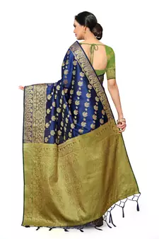 Leeza Store Women's Navy Blue Silk Blend Jacquard Golden Zari Border Tassels Banarasi StyleStyle Saree