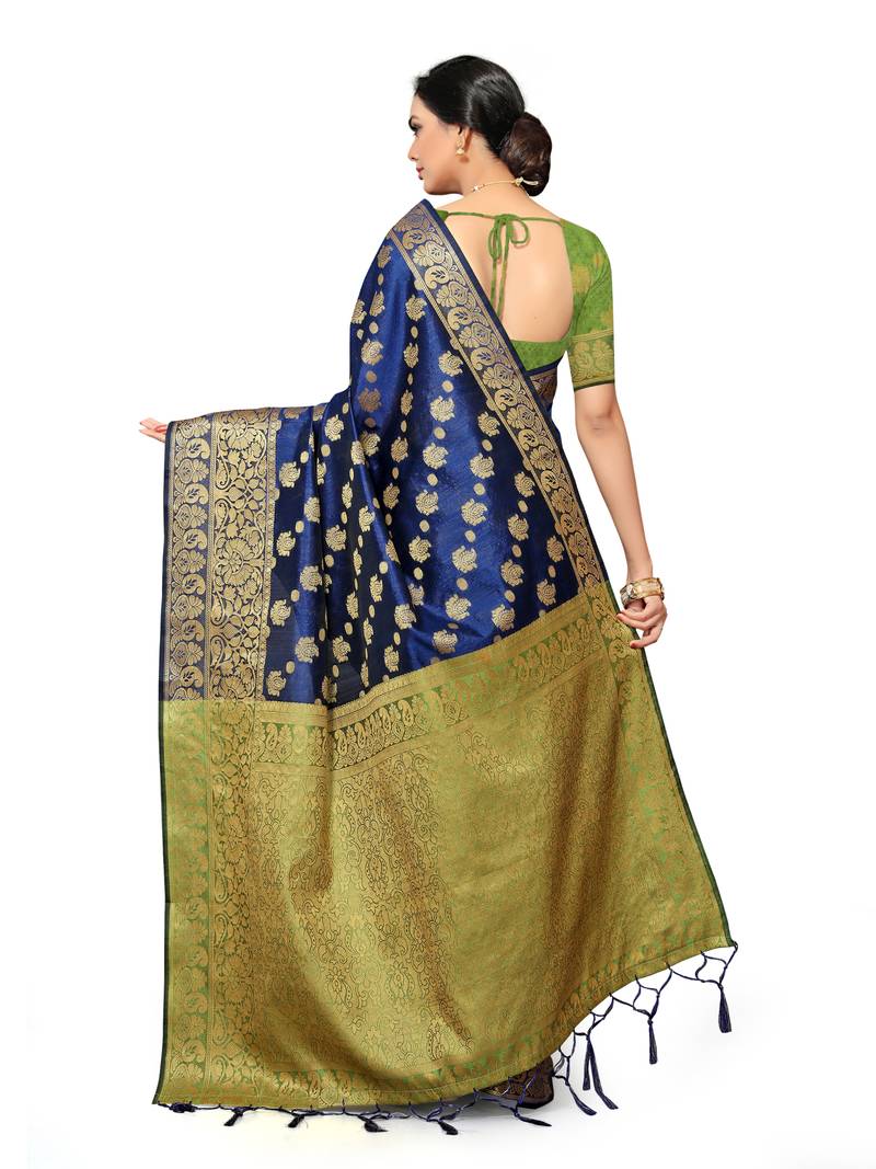 Leeza Store Women's Navy Blue Silk Blend Jacquard Golden Zari Border Tassels Banarasi StyleStyle Saree