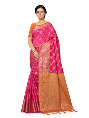 Leeza Store Women's Navy Blue Silk Blend Jacquard Golden Zari Border Tassels Banarasi StyleStyle Saree 1