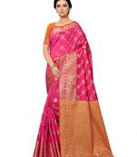 Leeza Store Women's Navy Blue Silk Blend Jacquard Golden Zari Border Tassels Banarasi StyleStyle Saree