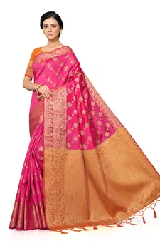 Leeza Store Women's Navy Blue Silk Blend Jacquard Golden Zari Border Tassels Banarasi StyleStyle Saree