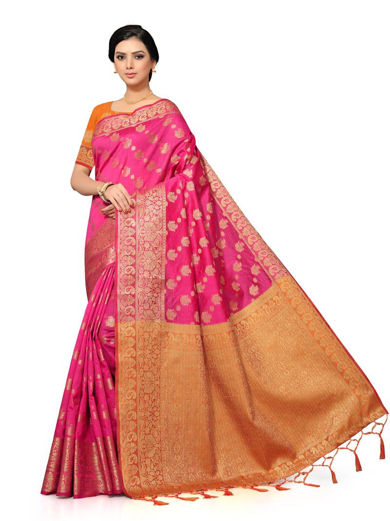 Leeza Store Women's Navy Blue Silk Blend Jacquard Golden Zari Border Tassels Banarasi StyleStyle Saree