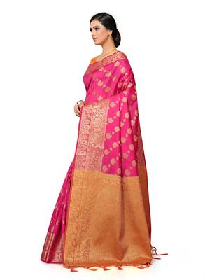 Leeza Store Women's Navy Blue Silk Blend Jacquard Golden Zari Border Tassels Banarasi StyleStyle Saree 3