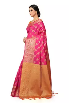 Leeza Store Women's Navy Blue Silk Blend Jacquard Golden Zari Border Tassels Banarasi StyleStyle Saree