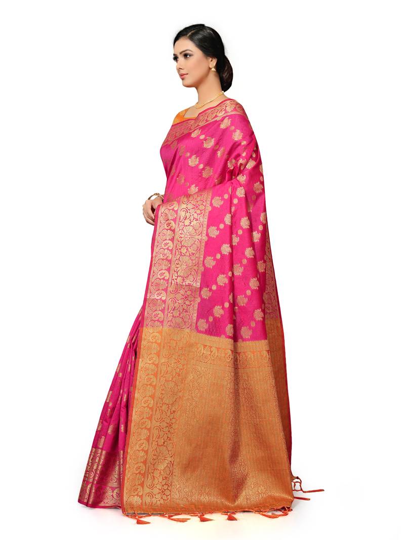 Leeza Store Women's Navy Blue Silk Blend Jacquard Golden Zari Border Tassels Banarasi StyleStyle Saree