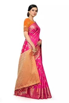 Leeza Store Women's Navy Blue Silk Blend Jacquard Golden Zari Border Tassels Banarasi StyleStyle Saree