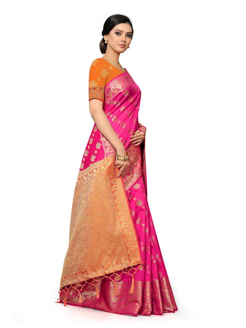 Leeza Store Women's Navy Blue Silk Blend Jacquard Golden Zari Border Tassels Banarasi StyleStyle Saree