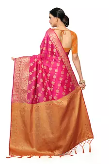 Leeza Store Women's Navy Blue Silk Blend Jacquard Golden Zari Border Tassels Banarasi StyleStyle Saree