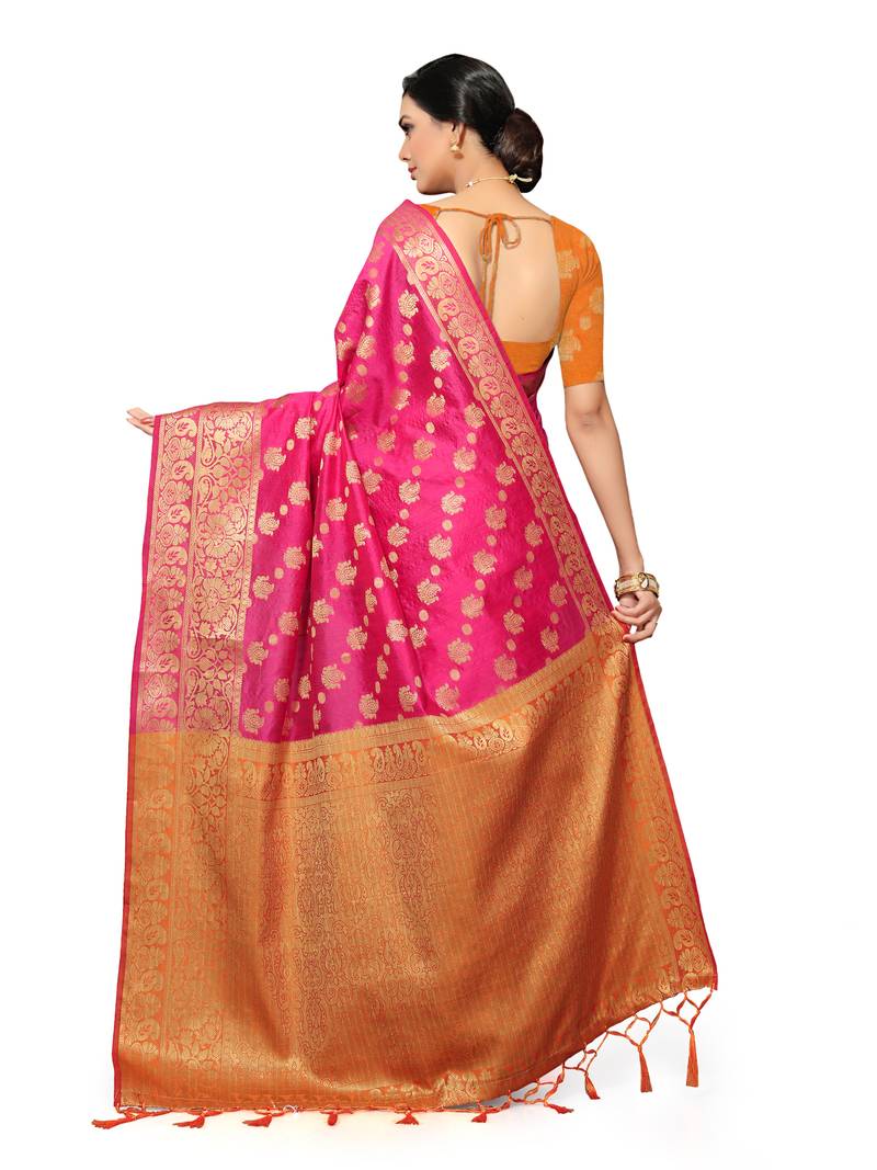 Leeza Store Women's Navy Blue Silk Blend Jacquard Golden Zari Border Tassels Banarasi StyleStyle Saree