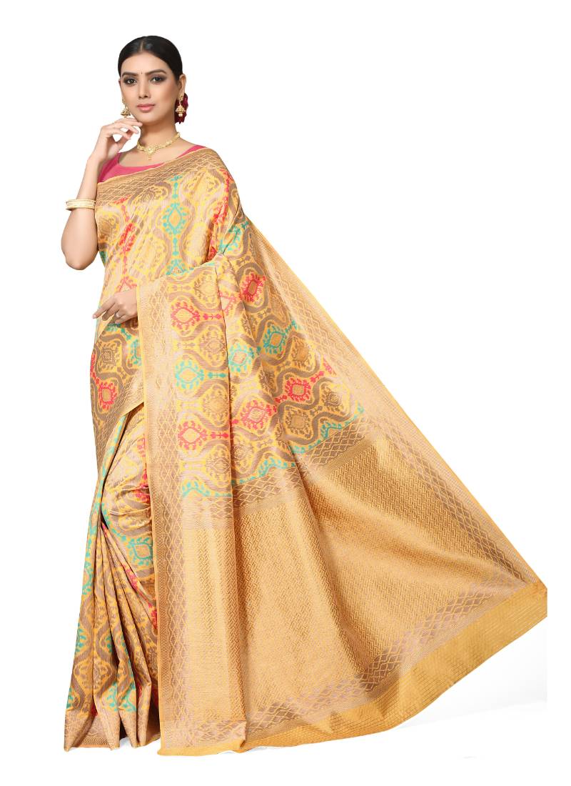 Leeza Store Women's Peach Silk Blend Meenakari Thick Border Banarasi StyleStyle Saree
