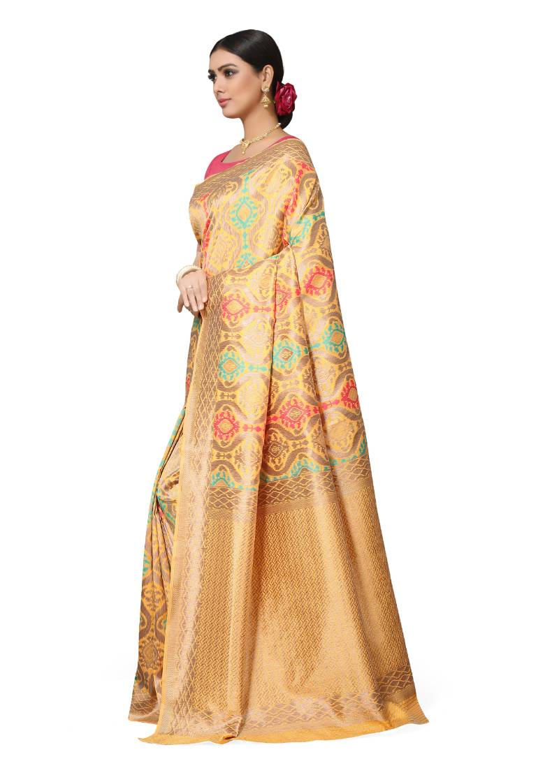 Leeza Store Women's Peach Silk Blend Meenakari Thick Border Banarasi StyleStyle Saree