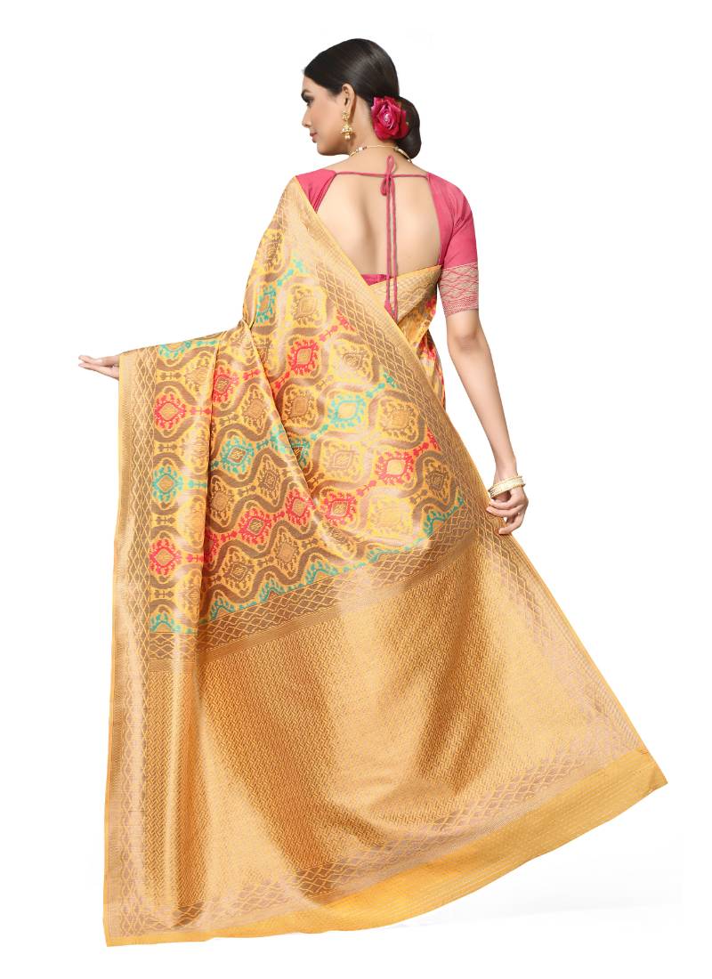 Leeza Store Women's Peach Silk Blend Meenakari Thick Border Banarasi StyleStyle Saree