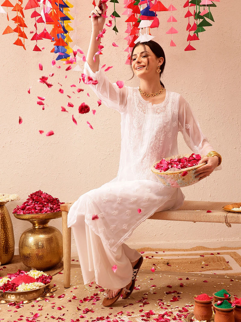 Hand Embroidered White Georgette Lucknowi Chikankari Indian Women Kurta With Slip