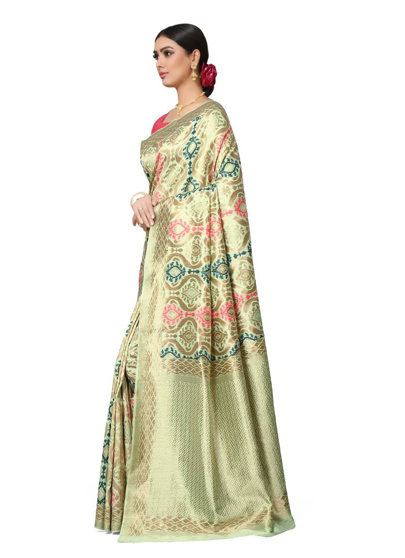 Leeza Store Women's Peach Silk Blend Meenakari Thick Border Banarasi StyleStyle Saree