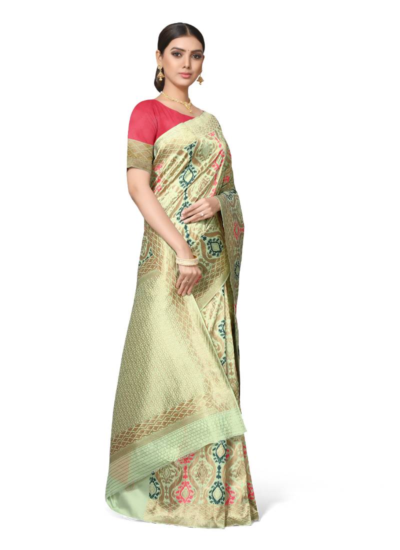 Leeza Store Women's Peach Silk Blend Meenakari Thick Border Banarasi StyleStyle Saree