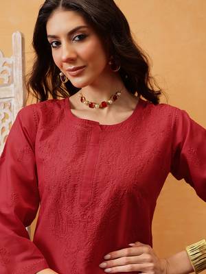 Hand Embroidered Red Cotton Lucknow Chikan Indian Women Kurta 7