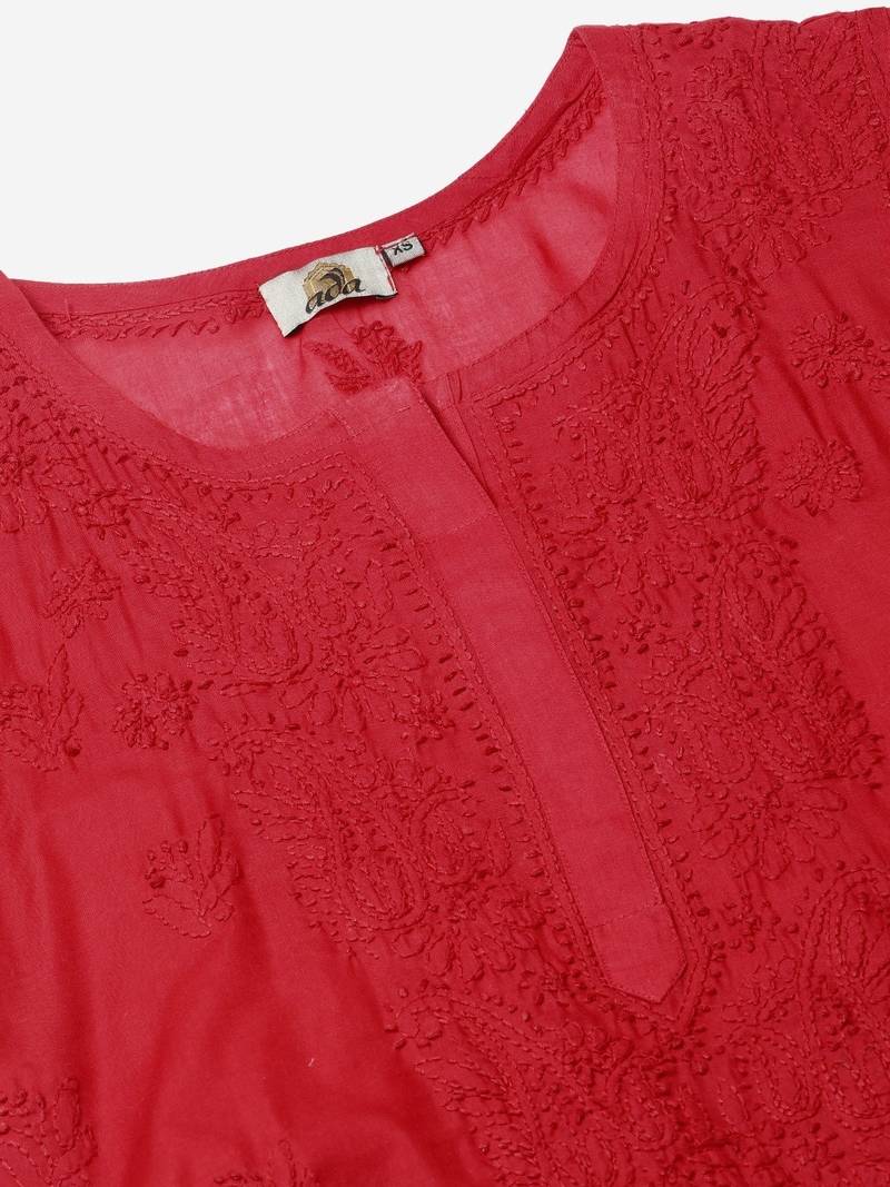 Hand Embroidered Red Cotton Lucknow Chikan Indian Women Kurta