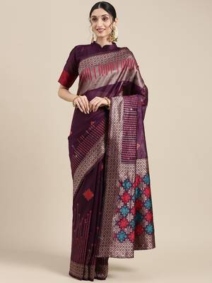 SAREE MALL Women's Silk Blend Purple Woven Design Designer Saree With Blouse Piece 1