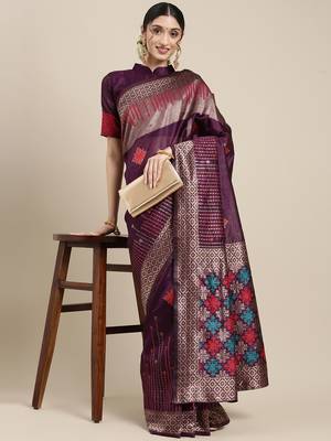 SAREE MALL Women's Silk Blend Purple Woven Design Designer Saree With Blouse Piece 3