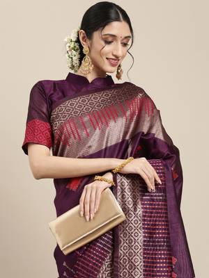SAREE MALL Women's Silk Blend Purple Woven Design Designer Saree With Blouse Piece 4