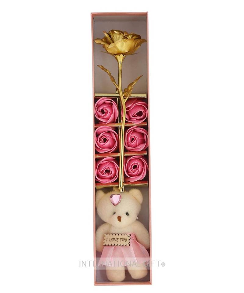 International Gift Golden Rose  6 Red Roses and Teddy in Gift Box