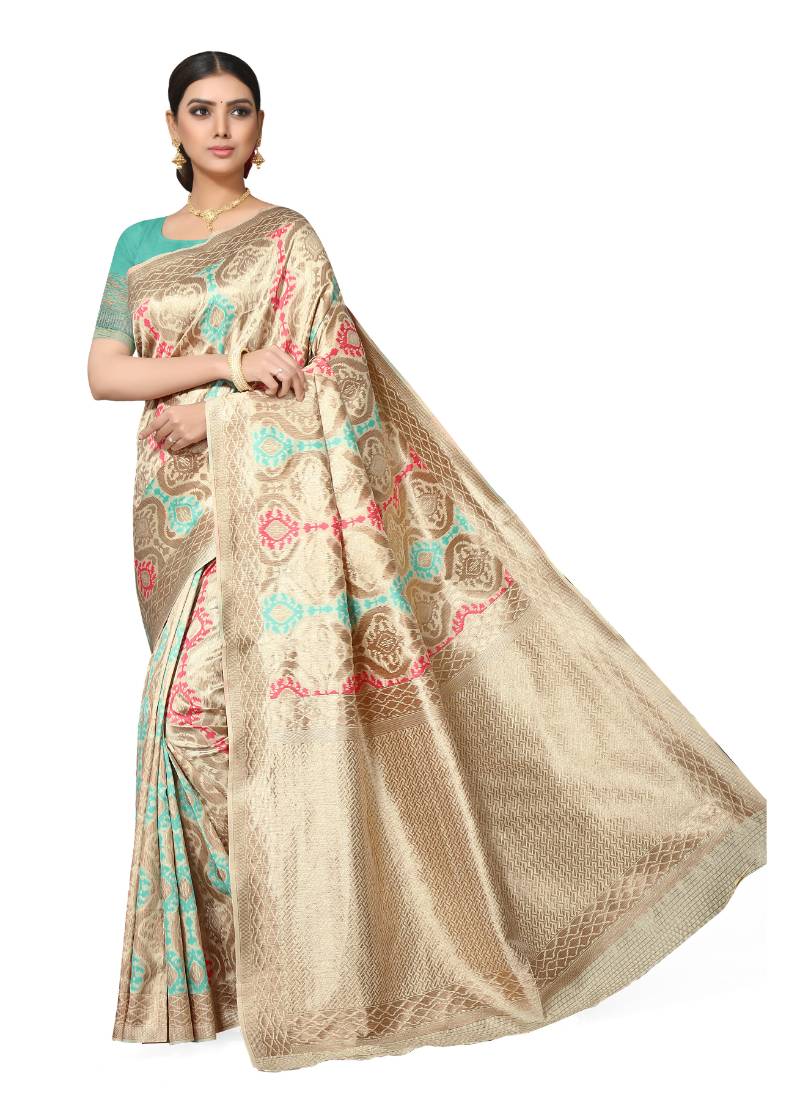 Leeza Store Women's Peach Silk Blend Meenakari Thick Border Banarasi StyleStyle Saree