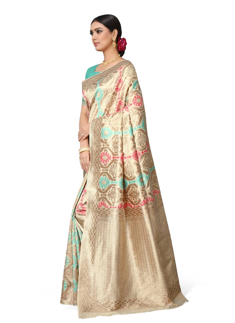 Leeza Store Women's Peach Silk Blend Meenakari Thick Border Banarasi StyleStyle Saree