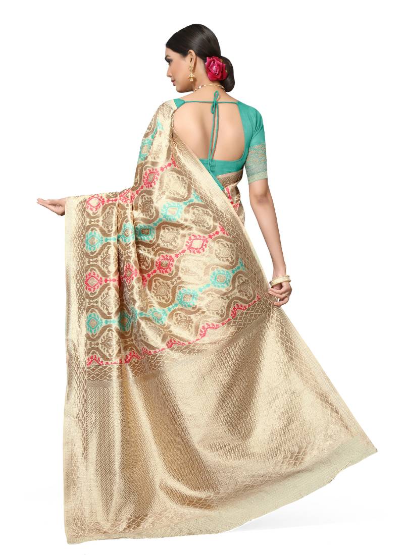 Leeza Store Women's Peach Silk Blend Meenakari Thick Border Banarasi StyleStyle Saree