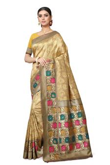 Leeza Store Women's Peach Silk Blend Meenakari Thick Border Banarasi StyleStyle Saree