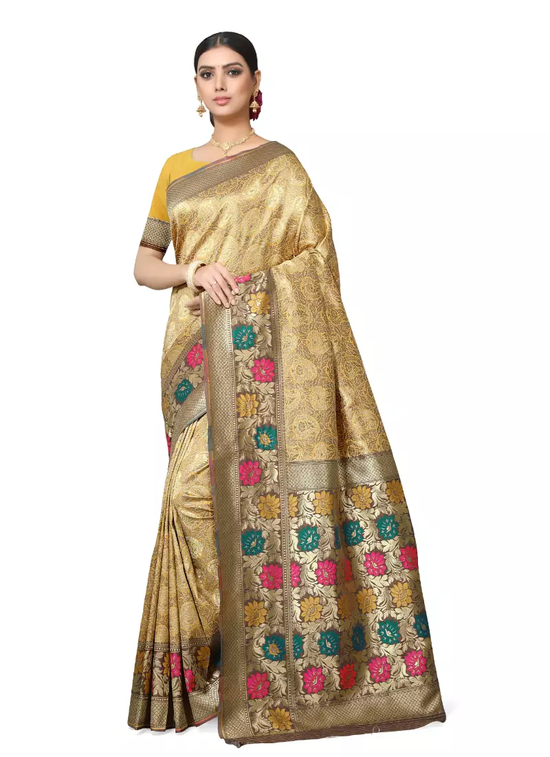 Leeza Store Women's Peach Silk Blend Meenakari Thick Border Banarasi Style Saree