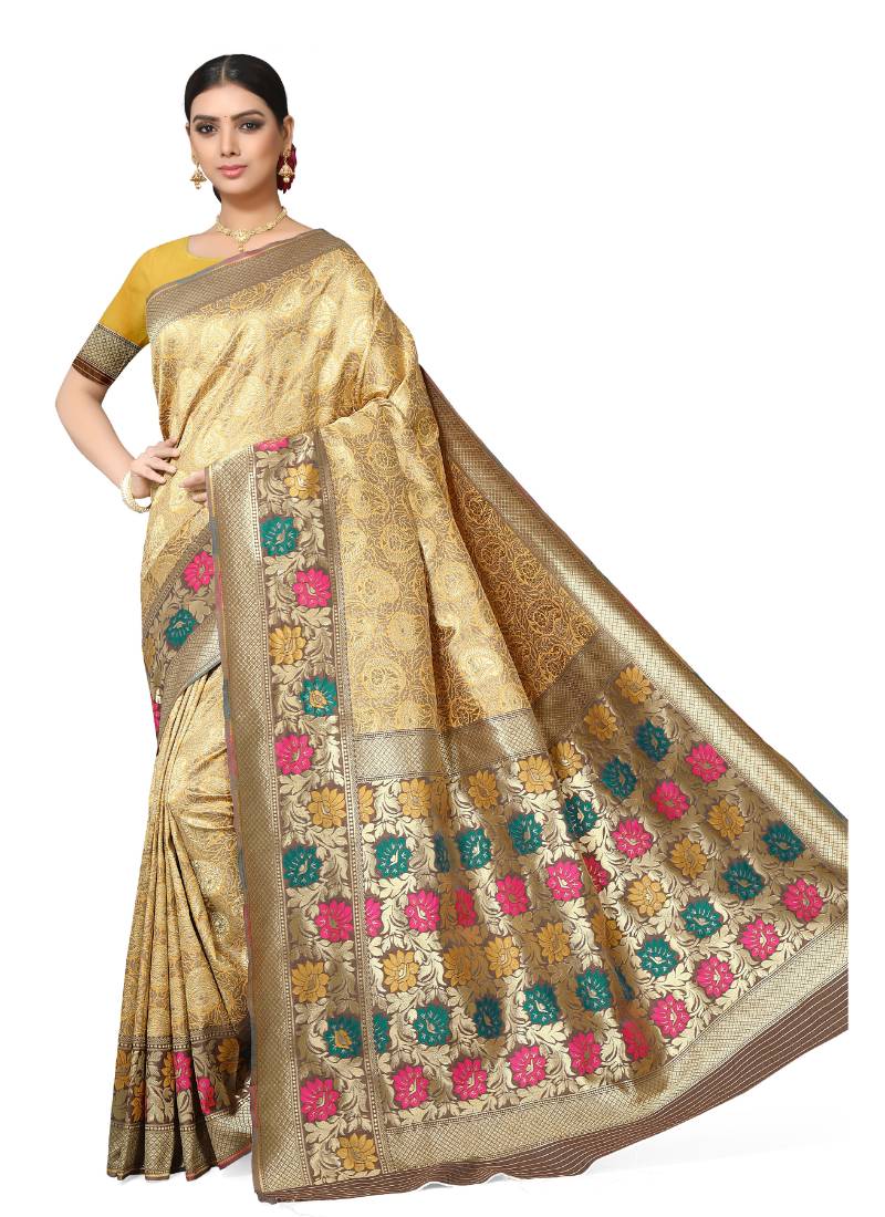 Leeza Store Women's Peach Silk Blend Meenakari Thick Border Banarasi StyleStyle Saree