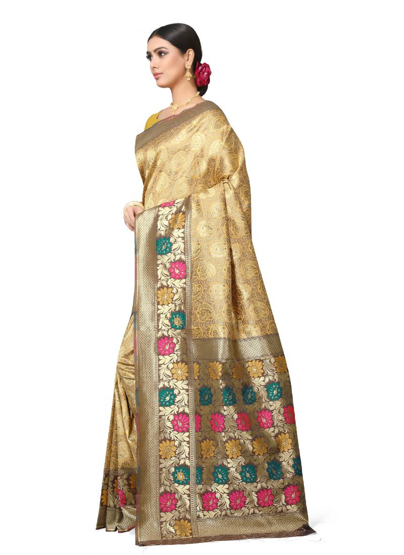 Leeza Store Women's Peach Silk Blend Meenakari Thick Border Banarasi StyleStyle Saree