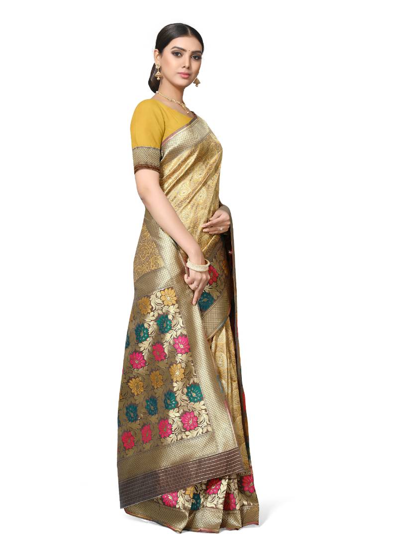 Leeza Store Women's Peach Silk Blend Meenakari Thick Border Banarasi StyleStyle Saree