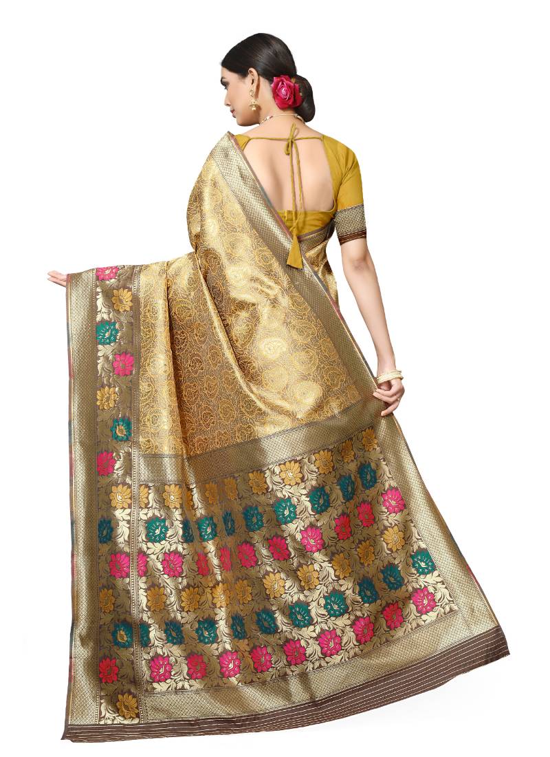 Leeza Store Women's Peach Silk Blend Meenakari Thick Border Banarasi StyleStyle Saree