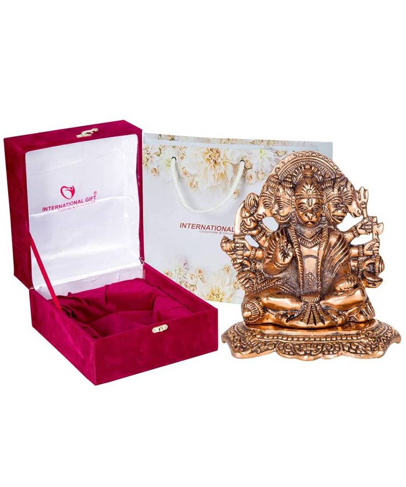 International Gift Brass Panchmukhi Hanuman Idol in Velvet Box and Carry Bag