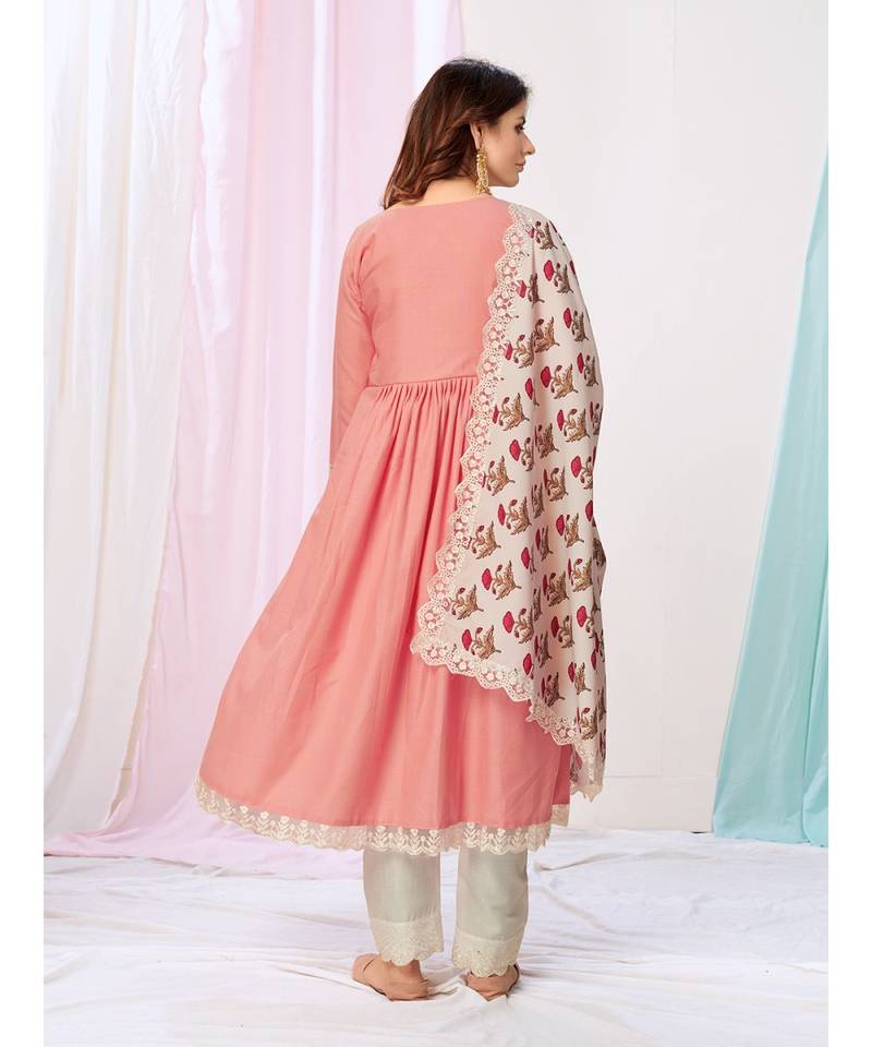 Puce Pink or White Kurti Pant with Dupatta in Chinon Silk