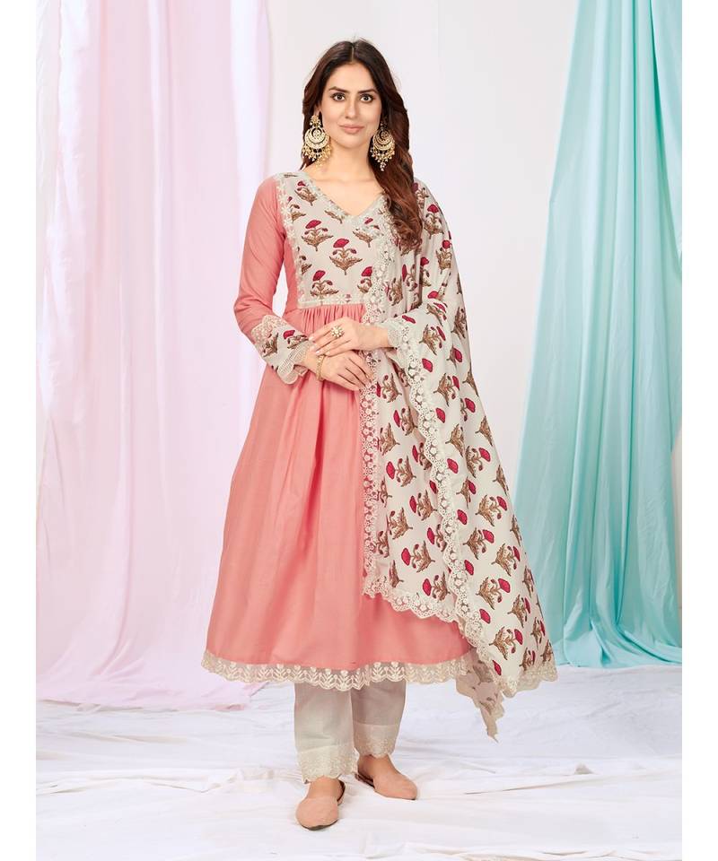 Puce Pink or White Kurti Pant with Dupatta in Chinon Silk