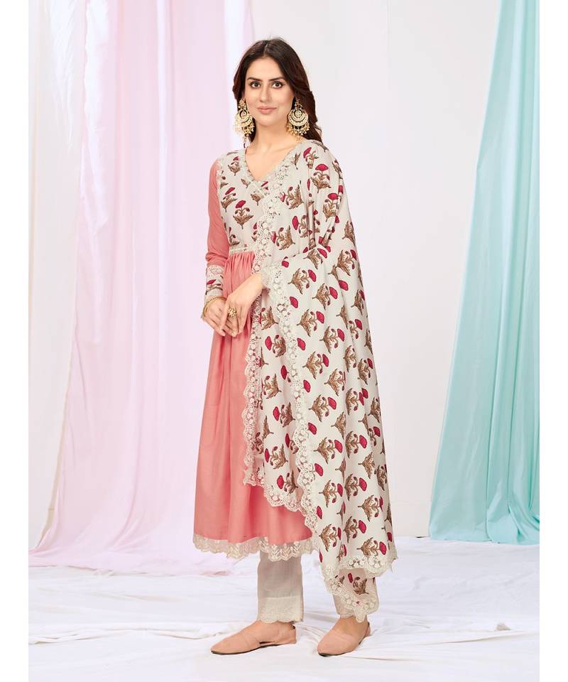 Puce Pink or White Kurti Pant with Dupatta in Chinon Silk