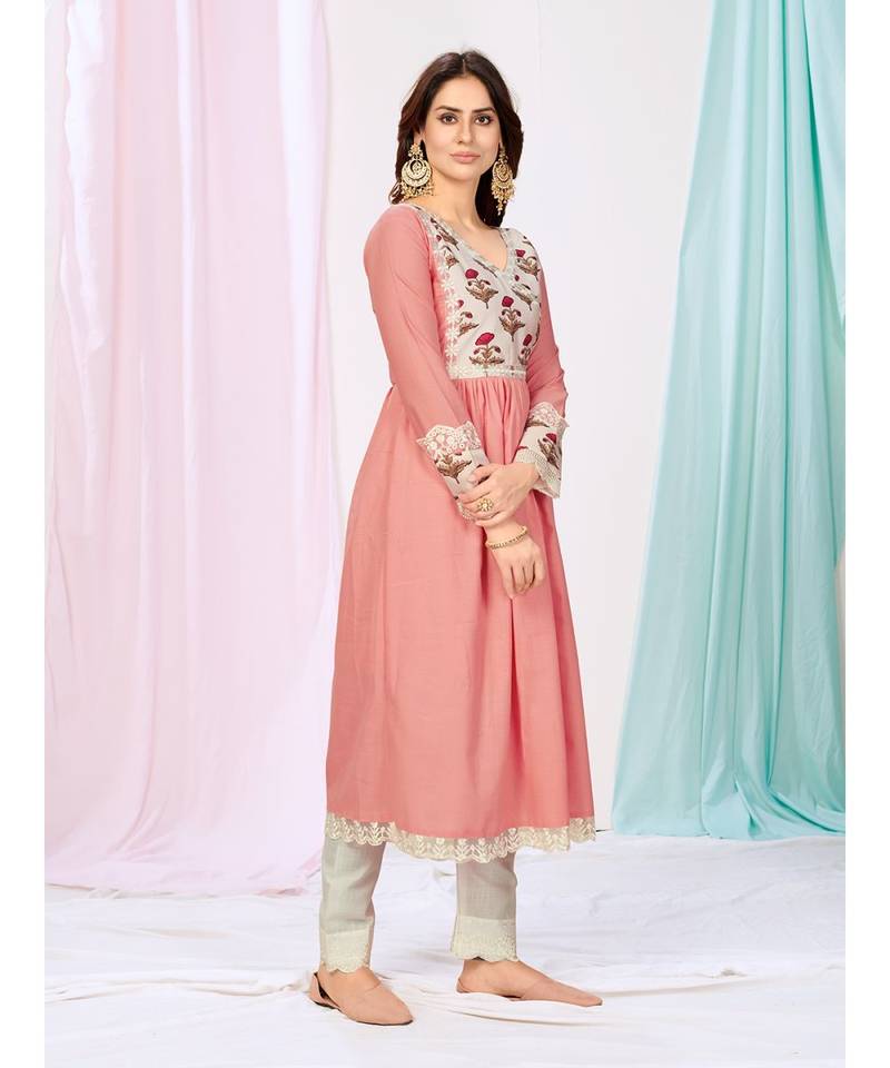Puce Pink or White Kurti Pant with Dupatta in Chinon Silk