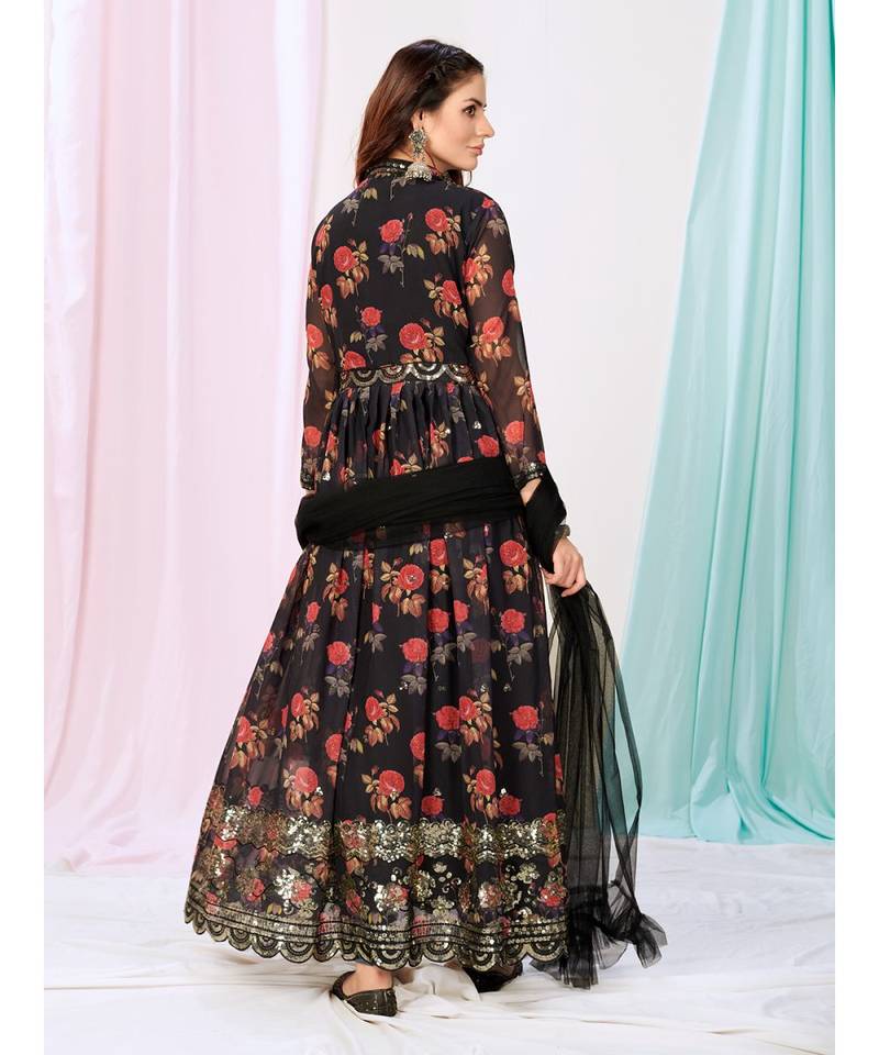 Sable Black Readymade Anarkali Suit in Floral Motifs