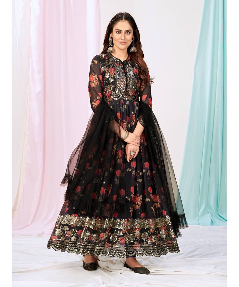 Sable Black Readymade Anarkali Suit in Floral Motifs